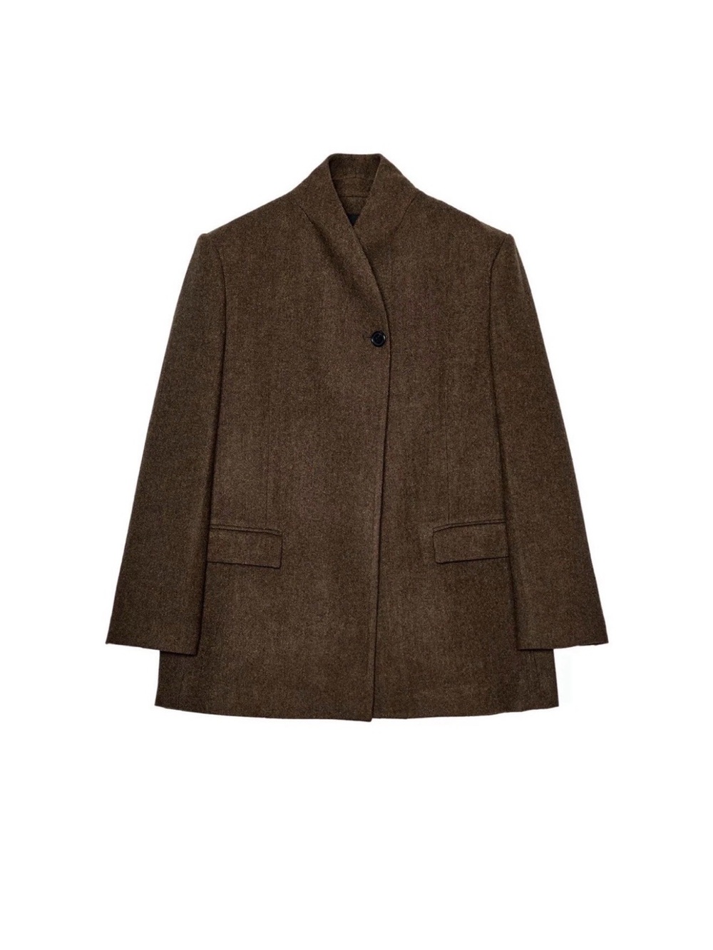 NWT ZARA Women's Wool Collection Brown Herringbone Lined Mid-Length Coat Button